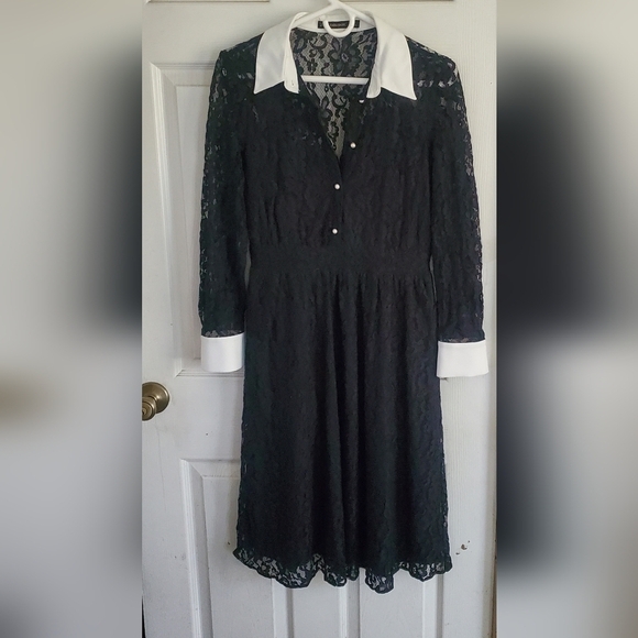Zara Elegant Black Lace Long Sleeve Button Down Womans Flare Size Medium Dress - Picture 2 of 8